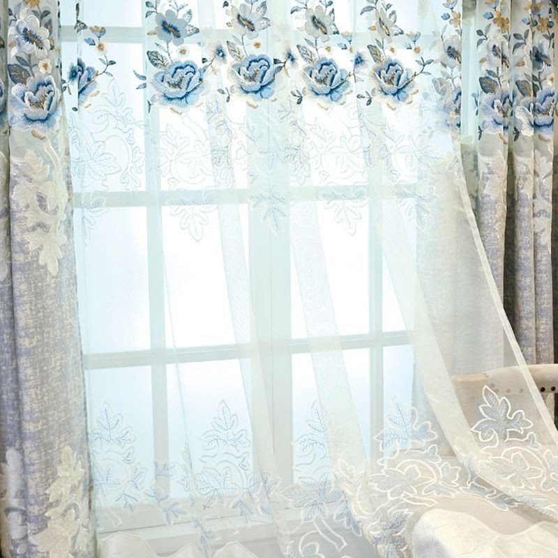 Mittatilaustyönä Tehty Ylellinen Tylliverho, Kukkakuvioinen Kirjailtu Voile-Verho Olohuoneeseen