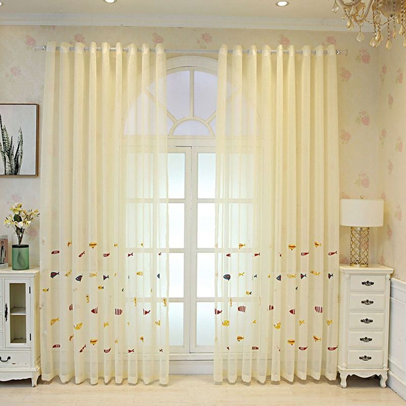 Koristeellinen Ikkunasuoja, Kalakirjailtu, Läpikuultava Verho, Mittatilaustyönä Tehty, Olohuoneen Verho