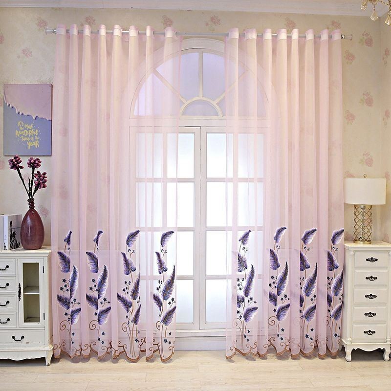 Koristeellinen Ikkunaseinäke, Lehtikirjailtu, Läpikuultava Verho Mittatilaustyönä Olohuoneeseen