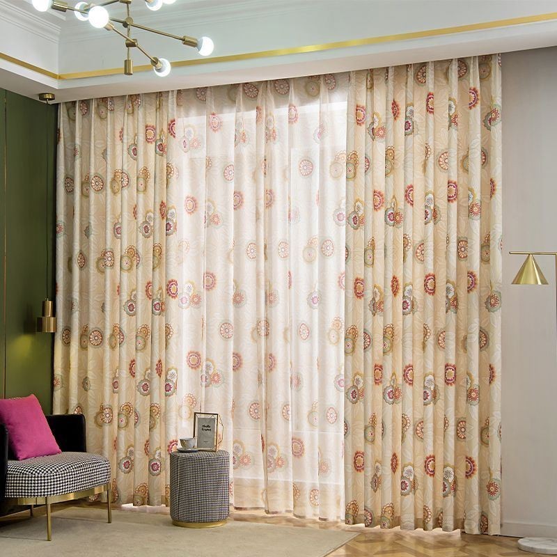 Puuvillainen Pellavaverho Mittatilaustyönä, Amerikkalaistyylinen Kukkakuvioinen, Puolipimentävä Verho