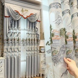 Chenille-Puolipimennysverhot Kiinalaistyylisillä Vuorikirjonnalla Olohuoneeseen Ja Makuuhuoneeseen