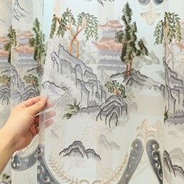 Chenille-Puolipimennysverhot Kiinalaistyylisillä Vuorikirjonnalla Olohuoneeseen Ja Makuuhuoneeseen