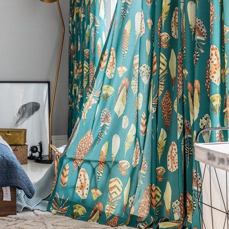 Mittatilaustyönä Valmistettu Puuvillapolyesteriverho, Höyhenkuvioitu, Amerikkalaistyylinen Puolipimennysverho