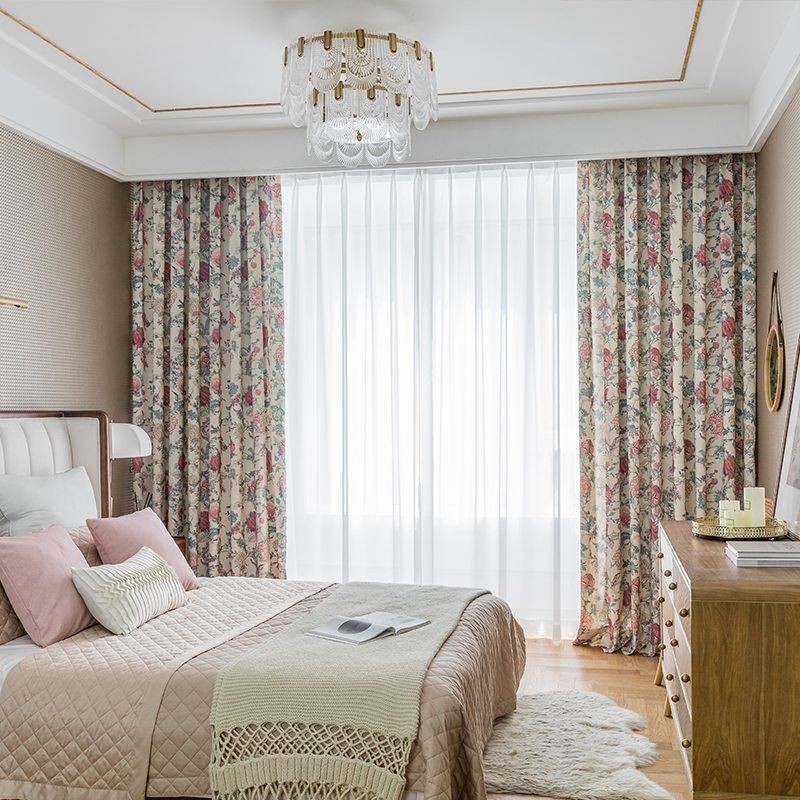 Mittatilaustyönä Valmistettu Puuvillapolyesterverho, Amerikkalaiskukakuvioinen Pimennysverho